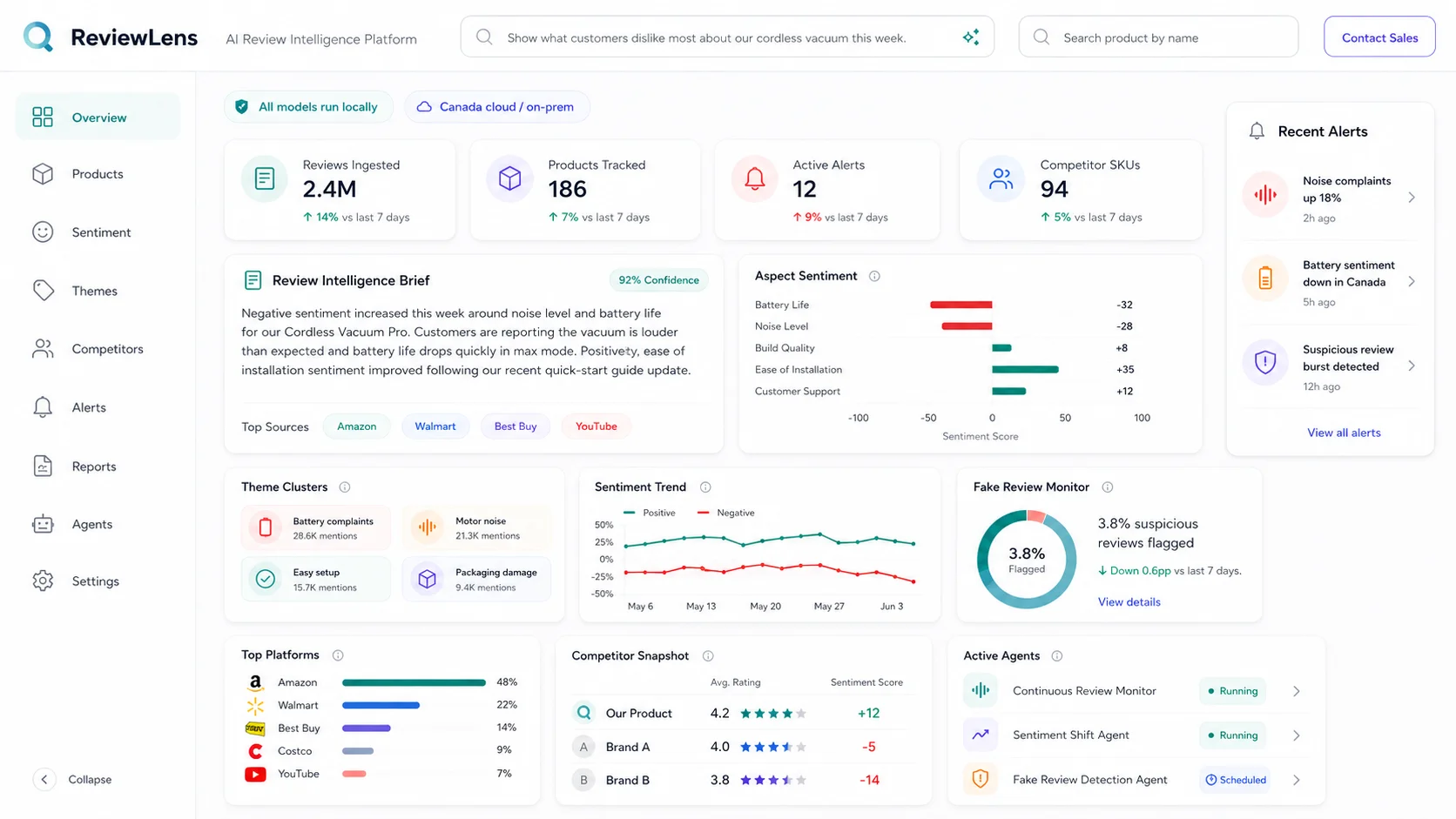 ReviewLens dashboard showing review intelligence and data analysis interface